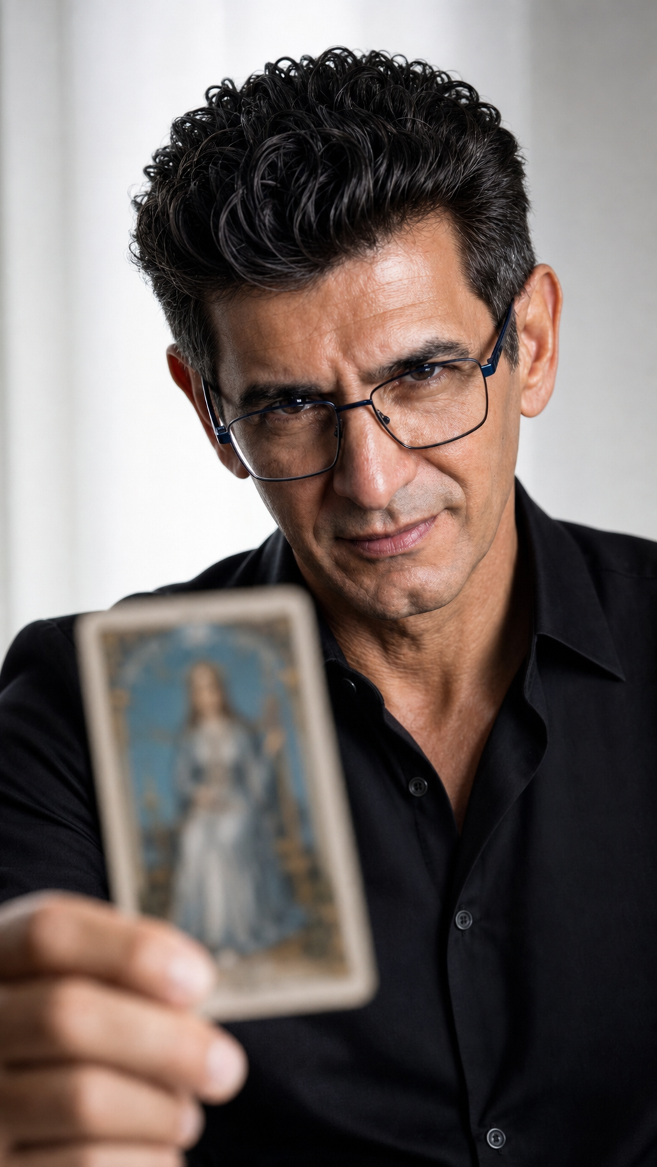 Val Couto segurando uma carta de tarot